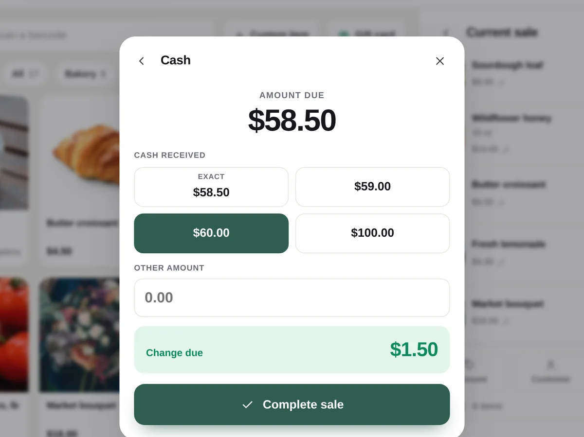The cash screen: amount due $58.50, quick cash buttons, and $1.50 change due.