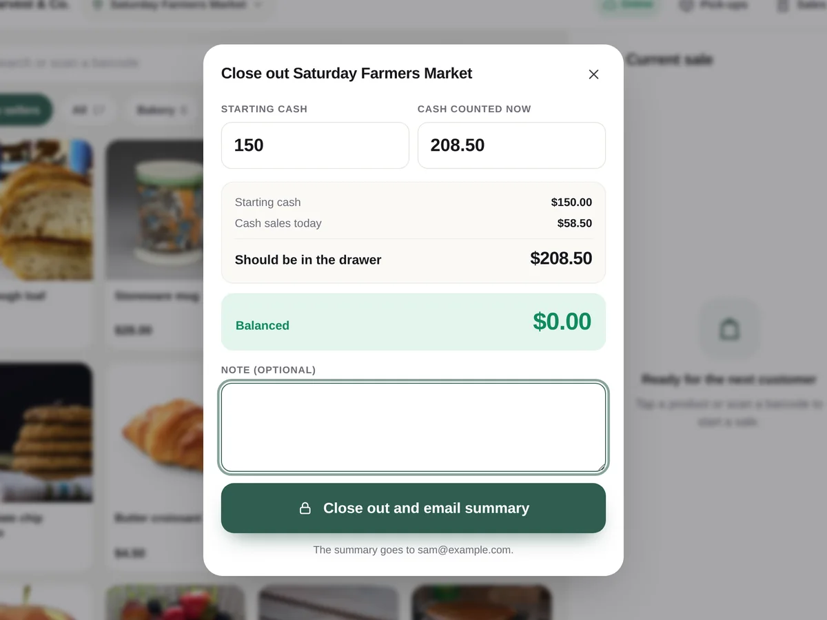 Closing out Saturday Farmers Market: $150 starting cash, $58.50 cash sales, $208.50 counted, balanced.