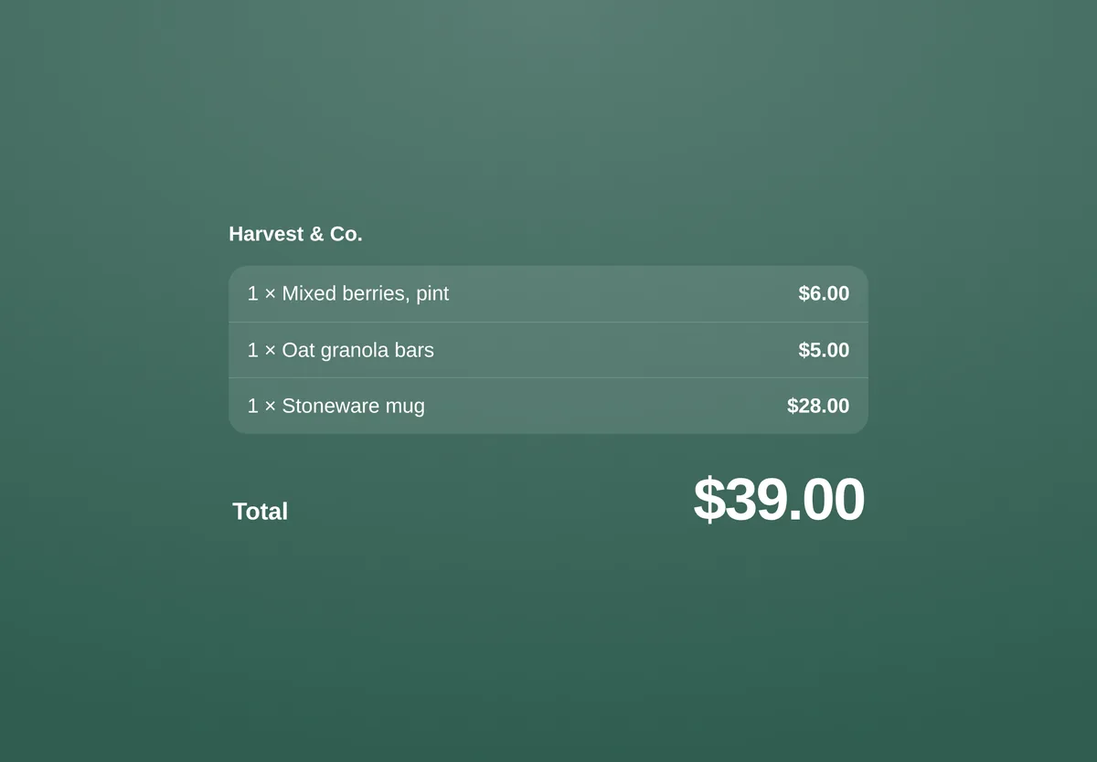 The customer display on a second screen, listing three items and a $39.00 total.
