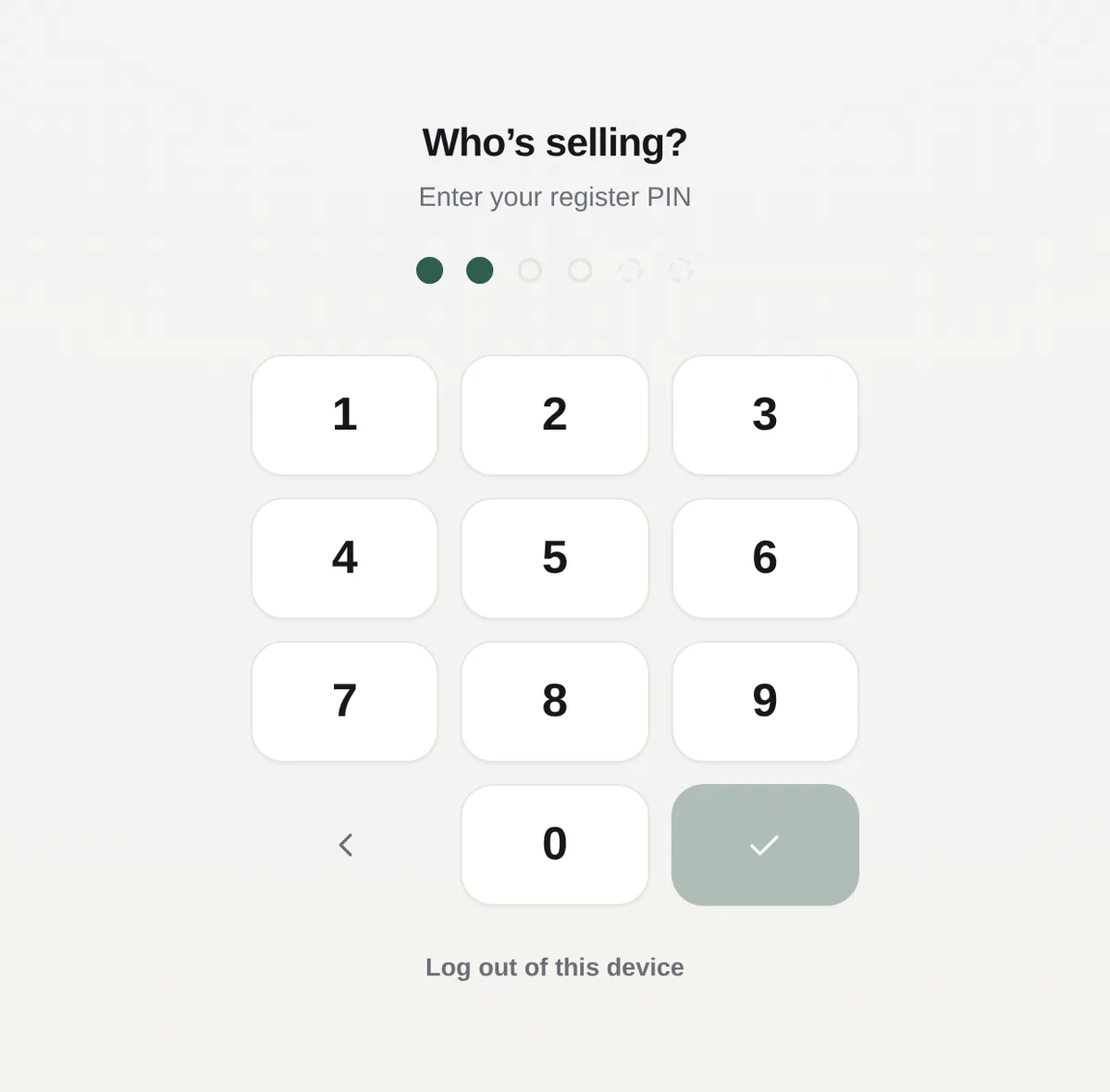 The PIN screen asking who is selling, with a number pad.