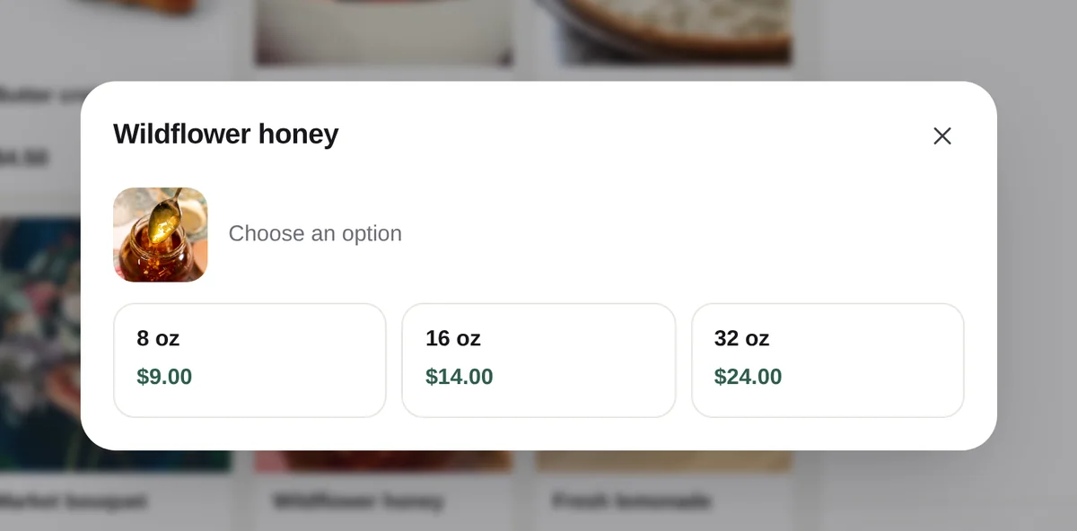 Choosing a size for Wildflower honey: 8 oz, 16 oz or 32 oz, each with its price.