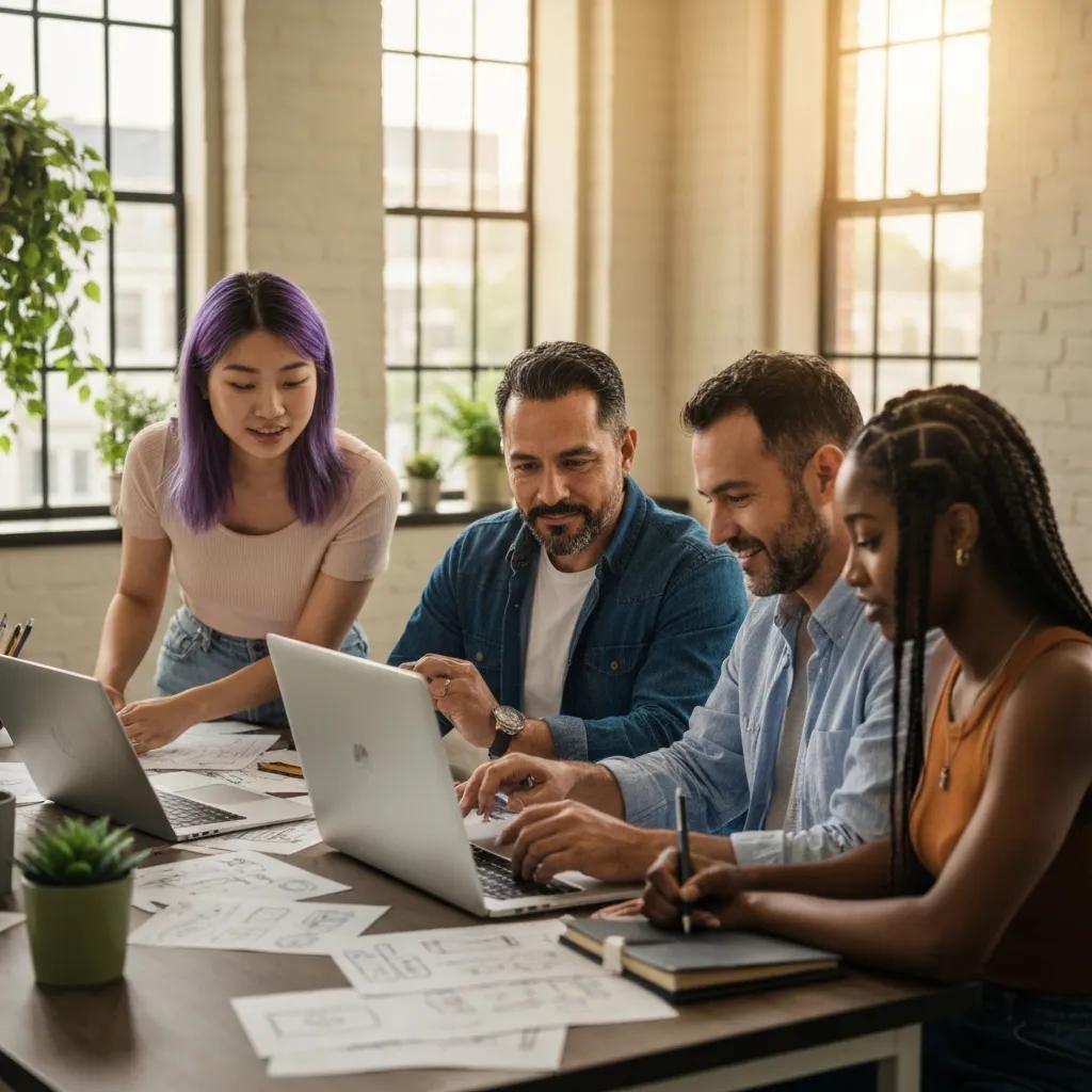 Diverse team collaborating on user experience design principles in a creative workspace