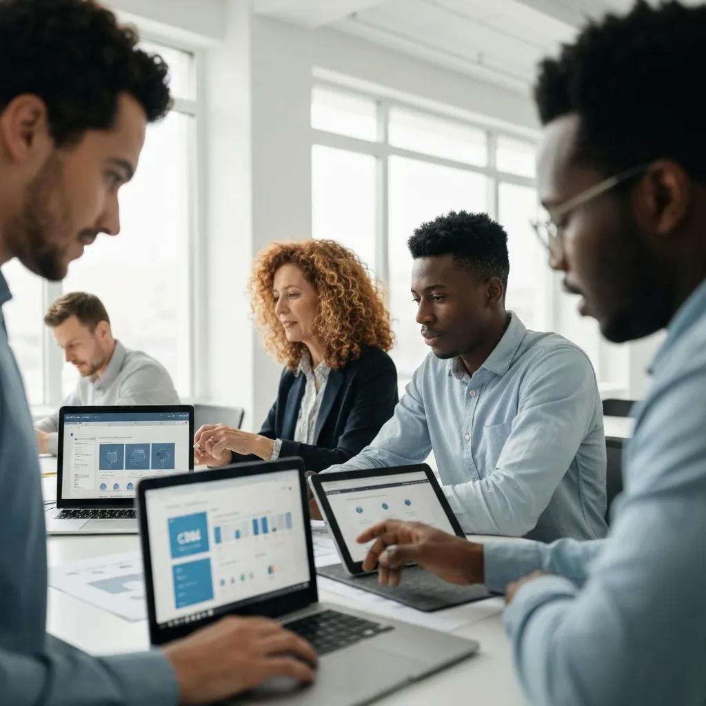 Professionals collaborating on selecting the best CMS for their website in a modern office setting