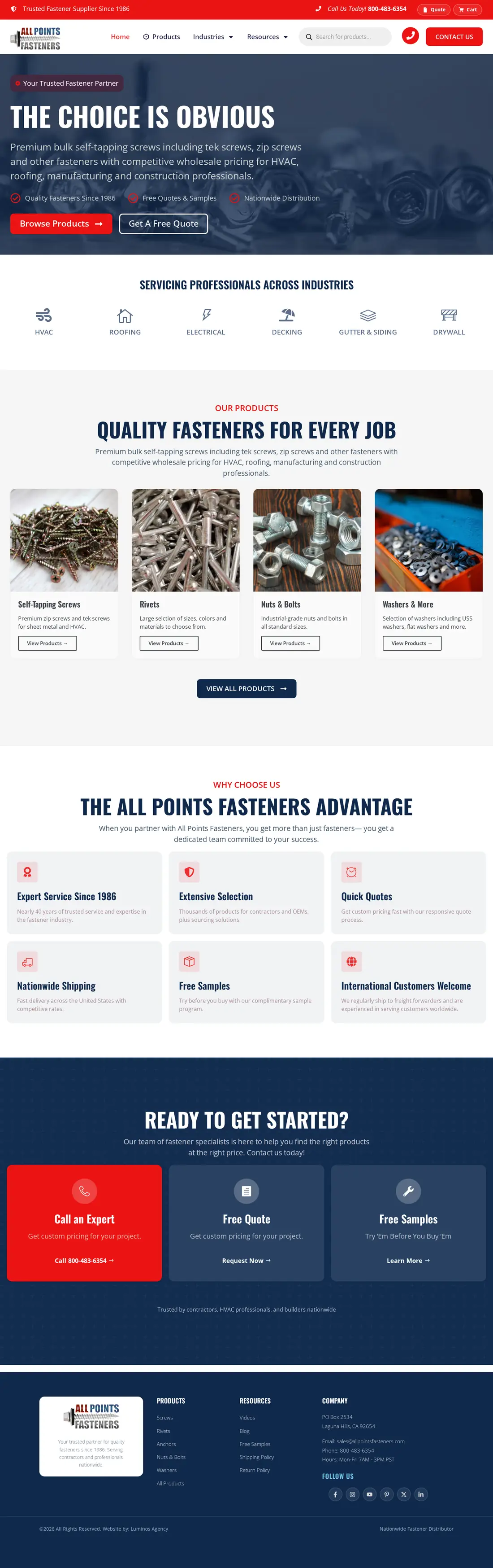 All Points Fasteners website, full homepage